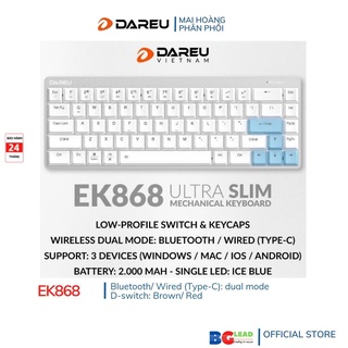 [Chính hãng] Bàn phím cơ không dây| Bàn phím bluetooth DAREU EK868 WHITE 68KEY (SLIM, Brown/ Red D-KAILH switch)
