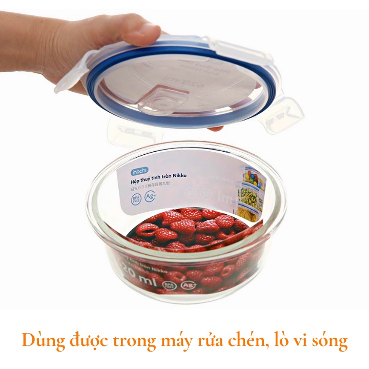 Hộp cơm thủy tinh đựng thức ăn văn phòng, thực phẩm tròn Inochi Nikko Nhật Bản chịu nhiệt, chia 2, 3 ngăn Vapu HCM