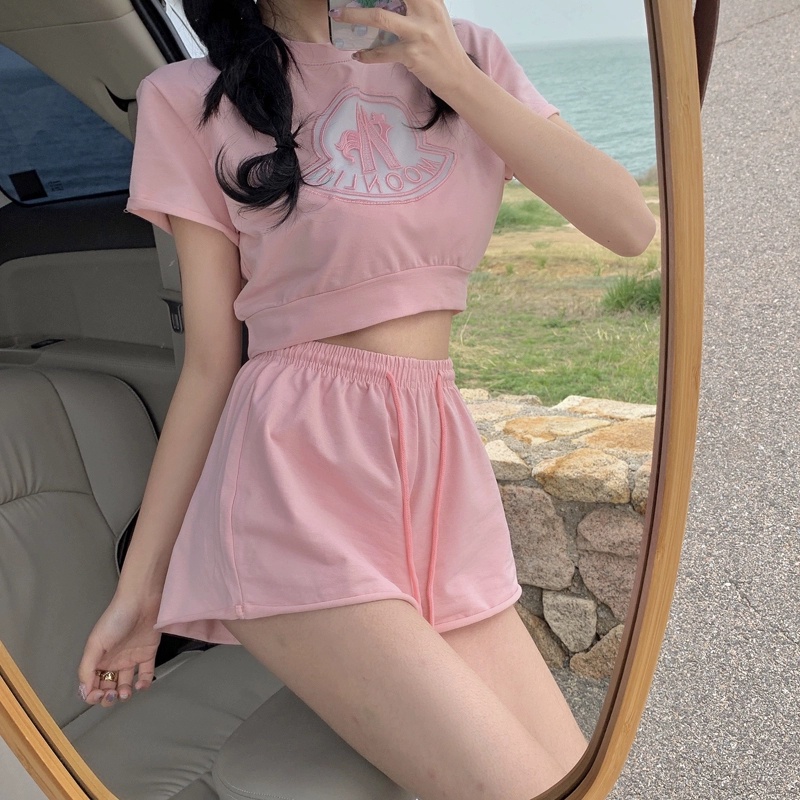 Set Áo Thun Croptop Tay Ngắn + Quần Short Lưng Cao Thời Trang Mùa Hè Cho Nữ