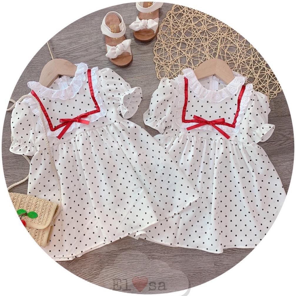 Váy bé gái hè chấm bi cổ ren đỏ