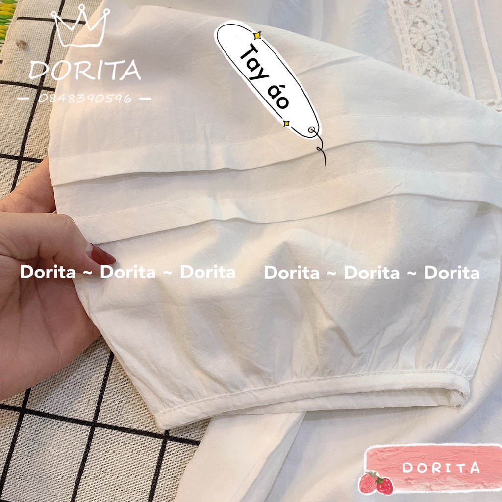 [Ảnh thật /Video] Áo sơ mi trắng Ullzang xếp ly ngực, Áo sơ mi trắng tay lỡ cổ ren - Dorita Boutique