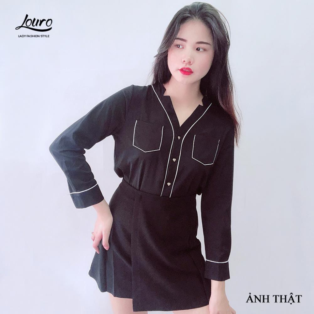 Áo voan công sở Louro L307,CÓ ẢNH THẬT SHOP CHỤP mẫu áo sơ mi túi ngực, cổ chữ V cách điệu 😍 *