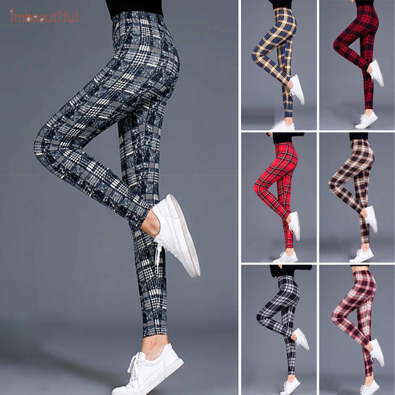 Quần legging họa tiết sọc caro chất liệu co giãn tập Yoga và chơi thể thao thích hợp cho nữ