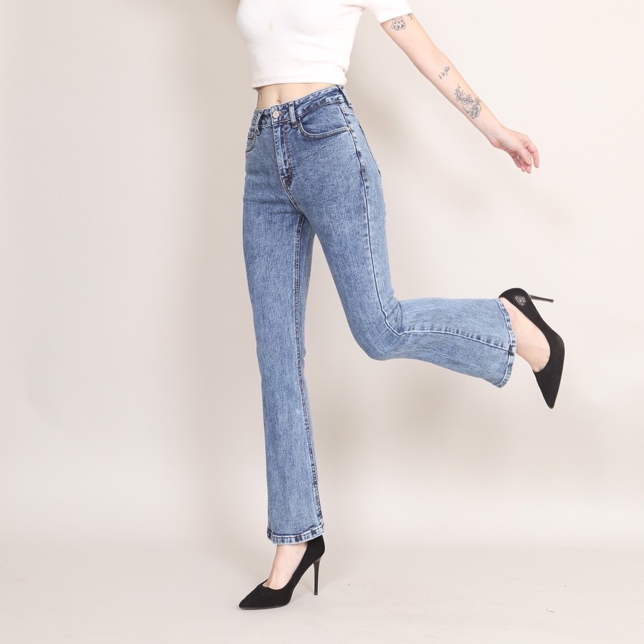 Quần Jean Nữ Ống Loe xanh đá Lưng Cao Co Giãn Trơn  Gấu Thường  CT Jeans