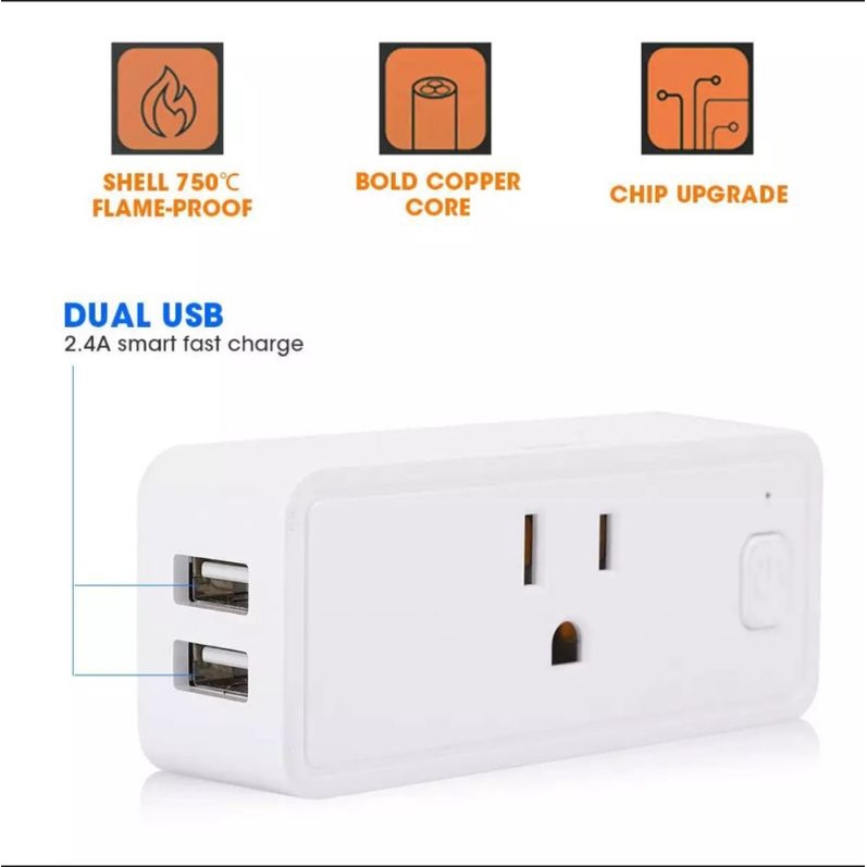 Ổ cắm Wifi Tuya 16A US với 2 cổng USB 5V 2.4A