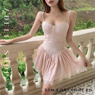 𝑨𝒖𝒓𝒐𝒓𝒂 | Đầm Tiểu Thư 2 Dây Chiết Eo Dáng Xòe Có Lót Ngực Màu Hồng Pastel Nhẹ Nhàng Sang Chảnh, Đầm Maxi Đi Biển Ngắn