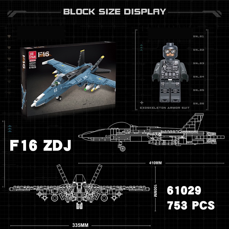 Đồ chơi Lắp ráp Máy bay Tiêm kích F-16, JieStar 61029 Fighter Aircraft, Xếp hình thông minh, Mô hình máy bay