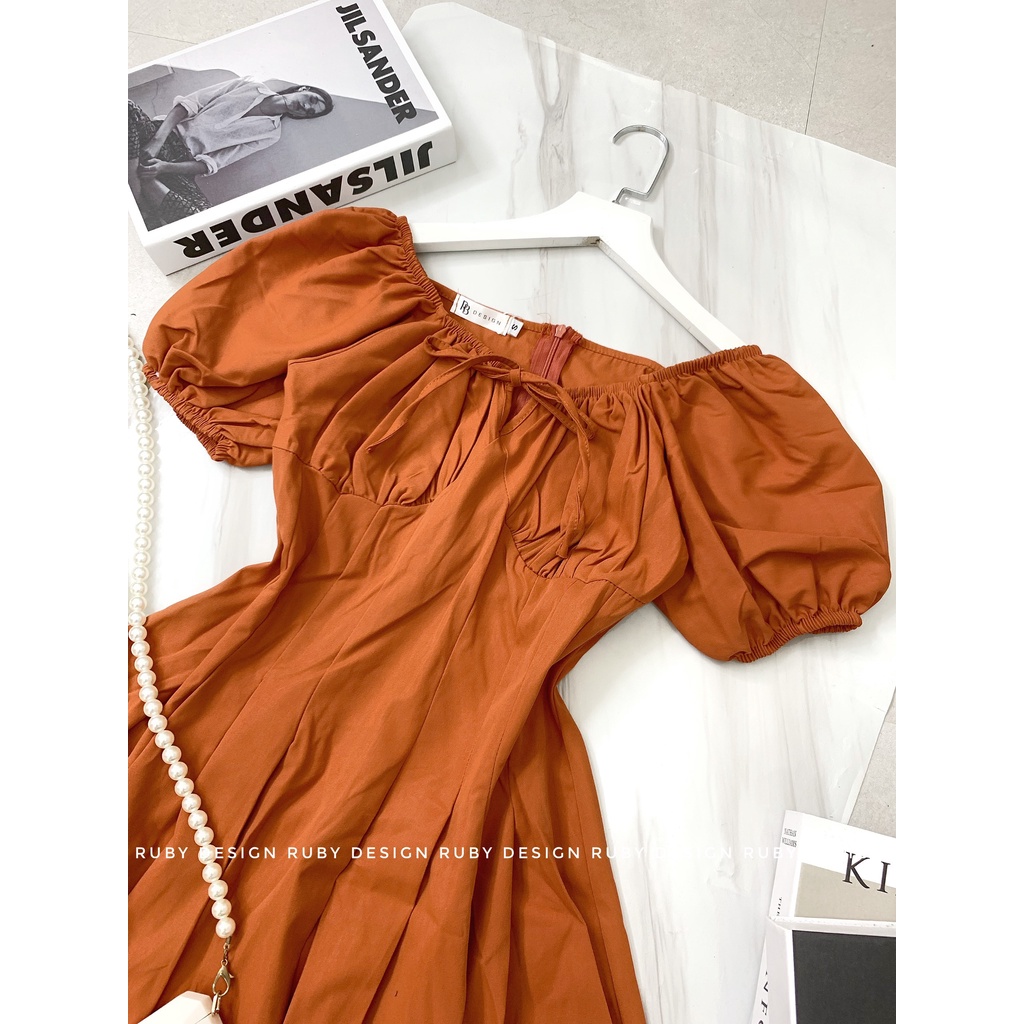 Đầm Trễ Vai Tay Ngắn Bo Chun Xếp Ly Xòe Dây Cột Ngực or002