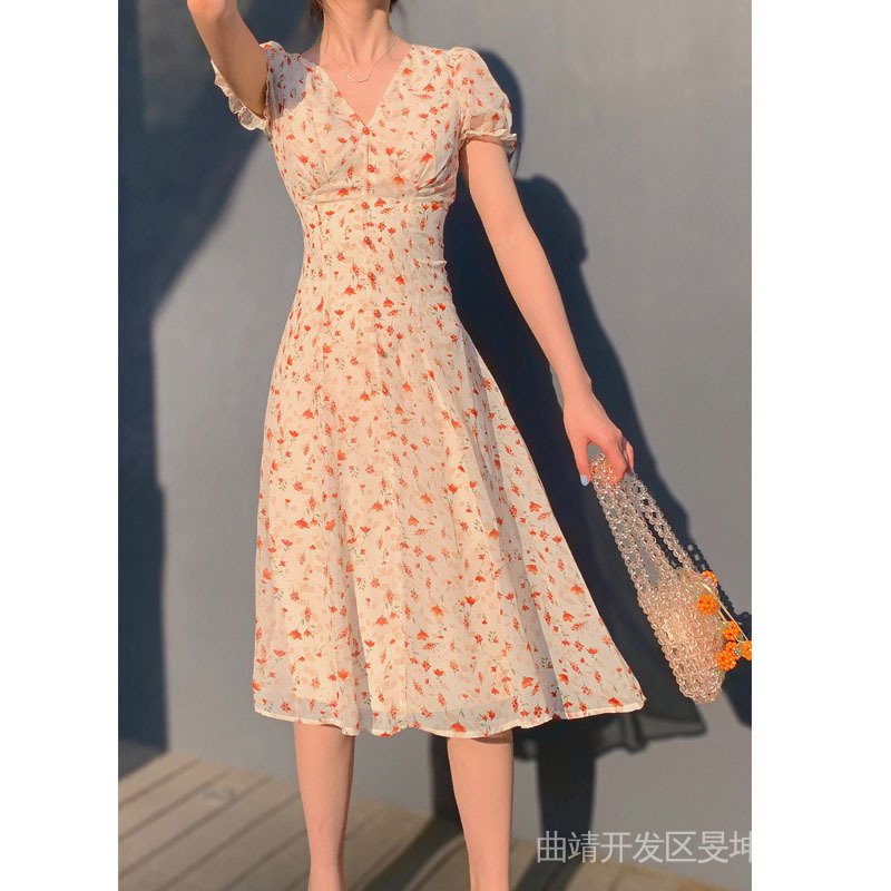 Đầm Chiffon Dài Cổ Chữ V In Họa Tiết Hoa Phong Cách Pháp Cổ Điển Thời Trang Cho Nữ