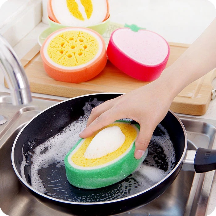 Miếng Bọt Biển Rửa Chén 4 Kiểu Hình Trái Cây Màu Cam Dâu Tây Ma Thuật Hiệu Quả Dùng Trong Nhà Bếp