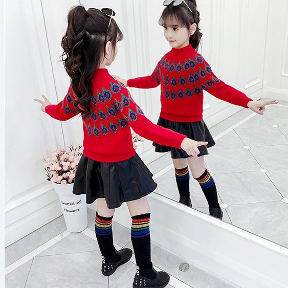 Áo len bé gái lớn họa tiết lông công siêu đáng yêu size 15-40kg [AL16]