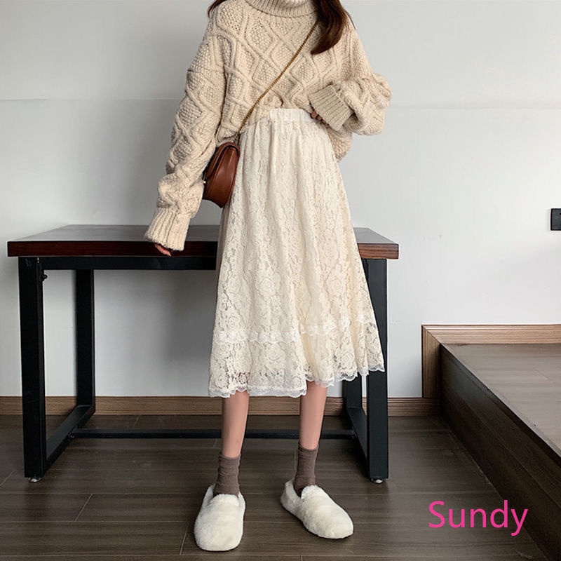 Chân váy ren lưng cao thời trang mùa thu Hàn Quốc cho nữ thanh lịch