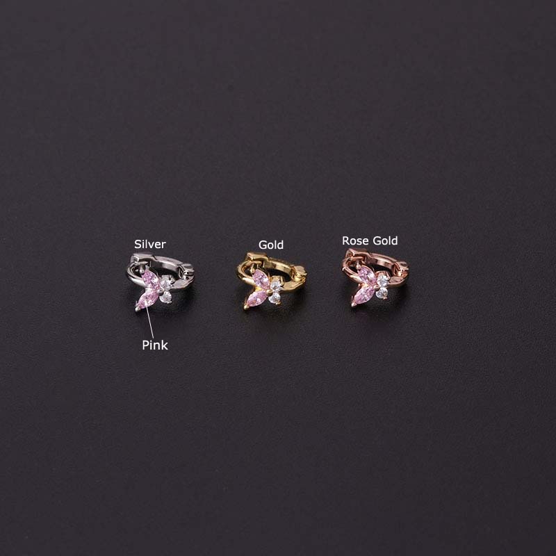 Khuyên tai hình tròn 6mm hình bướm bằng đồng đính đá zircon