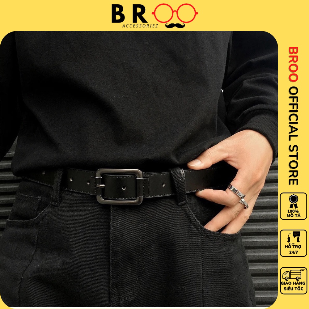 Thắt lưng nam nữ BROO mặt vuông chữ nhật bản vừa 3cm có lỗ bấm, dây nịt lưng unisex ulzzang da PU Hàn Quốc