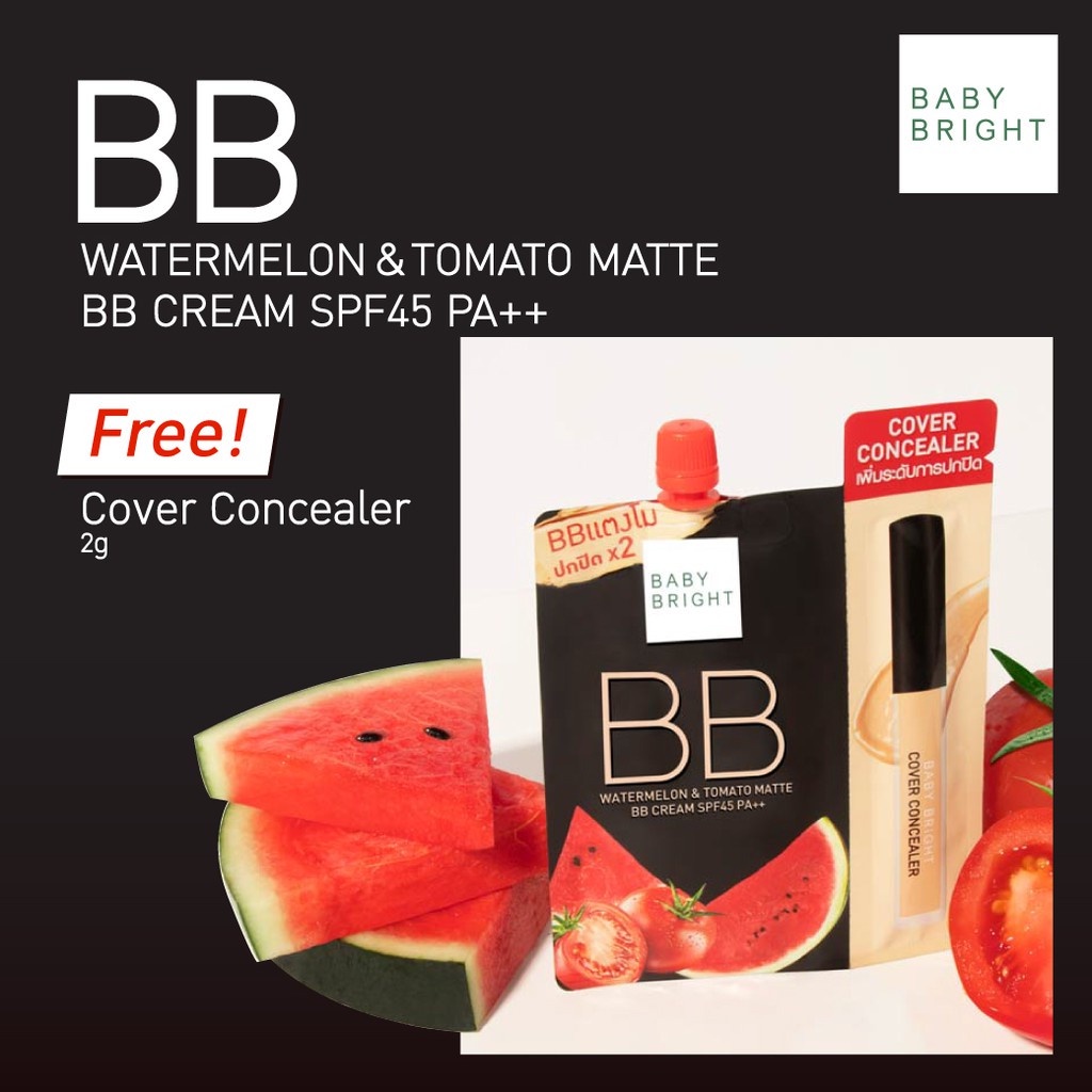 Kem BB Cream BABY BRIGHT Watermelon &amp; Tomato Matte SPF45 PA++ Tặng kèm che khuyết điểm 7g - Thái Lan