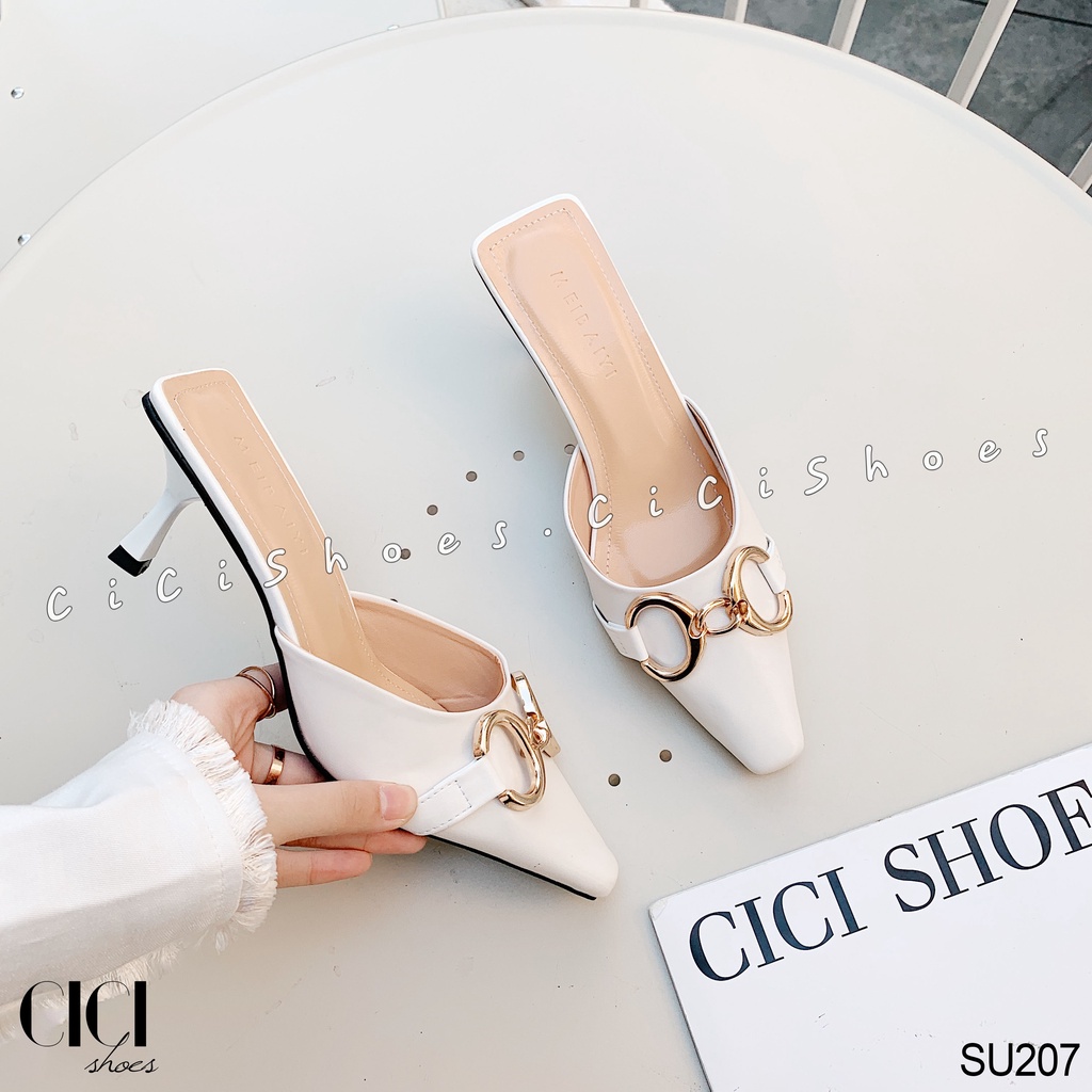Giày cao gót nữ CiCi Shoes gót nhọn 7cm, dép sục mũi thon vuông móc xích tròn - SU207