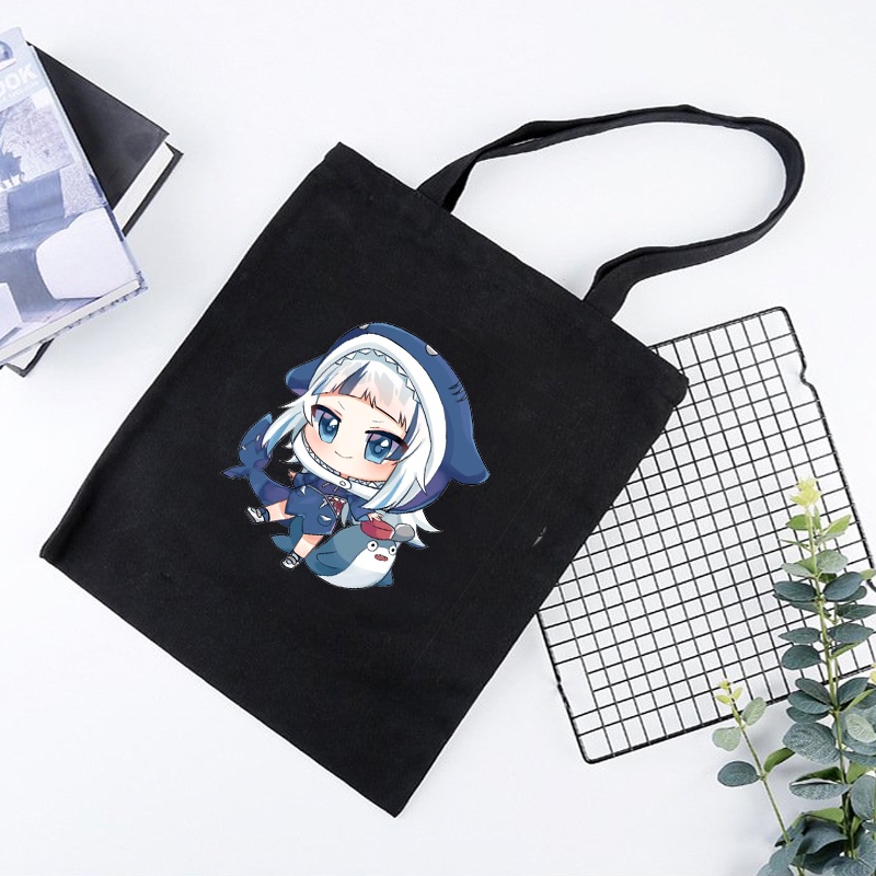 Túi tote vải đen đeo vai in hình GAWR GURA Hololive Vtuber phong cách anime chibi tiện lợi thời trang