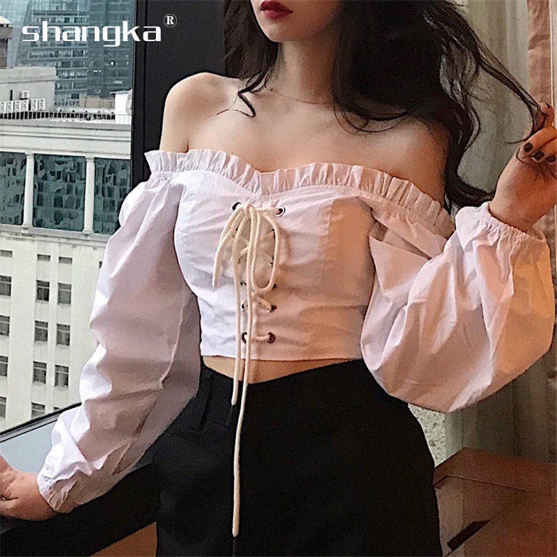 Áo sơ mi trắng trễ vai dạng ống hở vai trên xương quai xanh Trơn màu dây rút tính khí mỏng gợi cảm dài tay áo ngắn