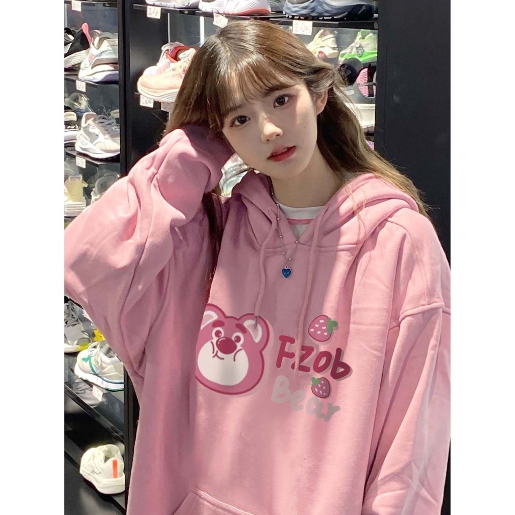 Áo Khoác Sweatshirt Màu Hồng Hình Gấu Dâu Tây Phong Cách Hip Hop Mỹ Cho Cặp Đôi