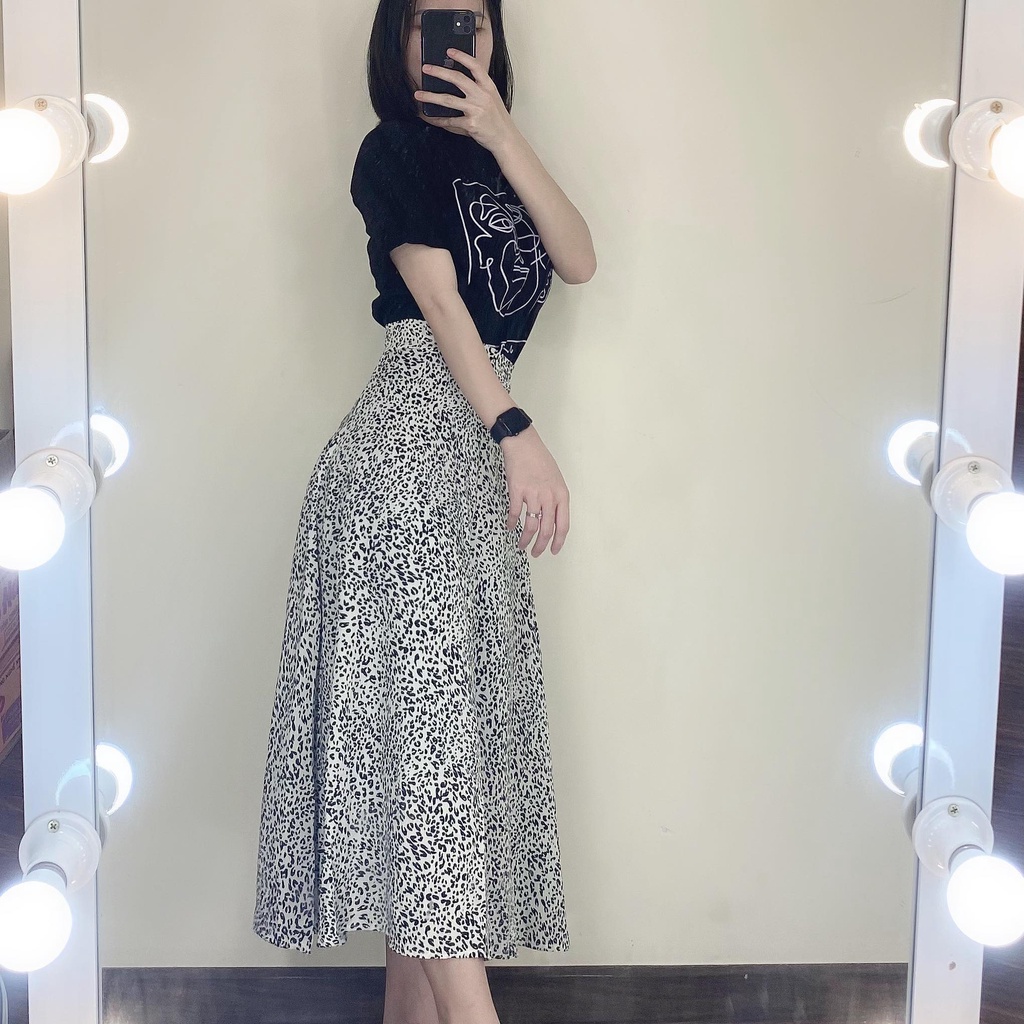 Chân Váy Da Beo Midi, Áo Phông Tay Lỡ Pull Đen