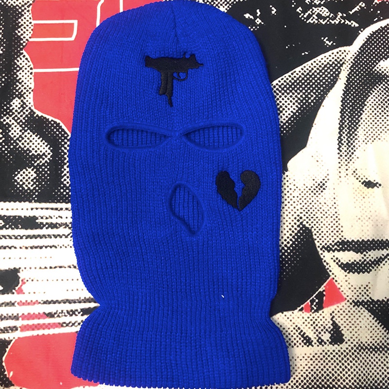 Mũ dệt kim thêu hình trái tim vỡ 3 lỗ phong cách Balaclava thời trang thu đông