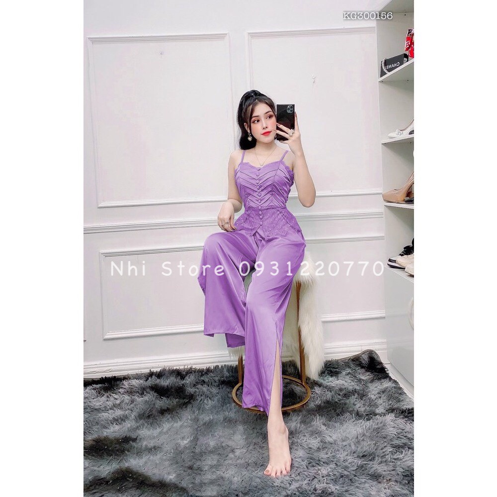 [FREESHIP 50K] Bộ Mặc Nhà Nữ NHISTORE Quần Dài Ống Rộng Xẻ Tà Áo Cúp Ngực Xếp Ly Phối Ren Sexy Freesize Dưới 57kg