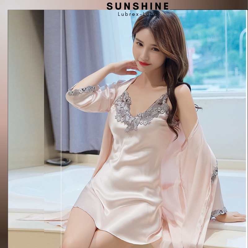 Váy Ngủ Lụa Kèm Áo Choàng Ngủ Lụa Cao Cấp Lụa Viền Sọc Xẻ Đùi-SUNSHINE_SXD526