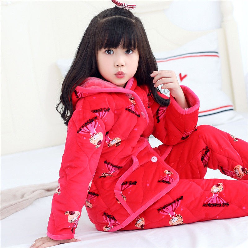 ❁☎♂Bộ đồ ngủ chần bông ba lớp flannel trẻ em, lót lông cừu san hô cho bé, mặc nhà bé trai và gái đệm mùa đông