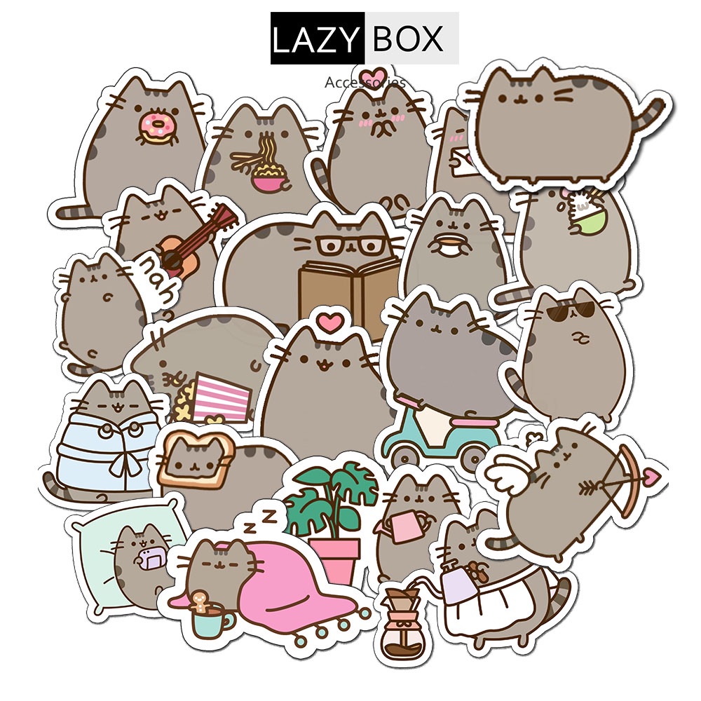 Bộ sticker mèo pusheen trang trí mũ bảo hiểm, đàn, guitar, ukulele, điện thoại laptop
