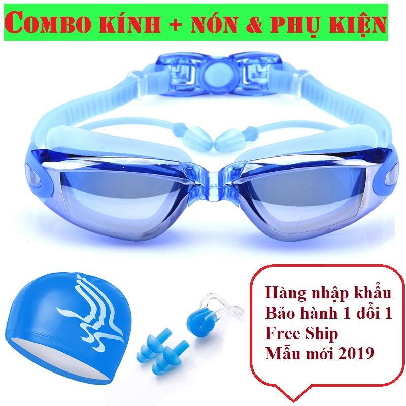 Sét mũ kèm kính bơi, Combo kính bơi mũ bơi, Kính bơi UV kèm Mũ bơi và 2 nút bịt tai, Thiết Kế Mới Thông Minh