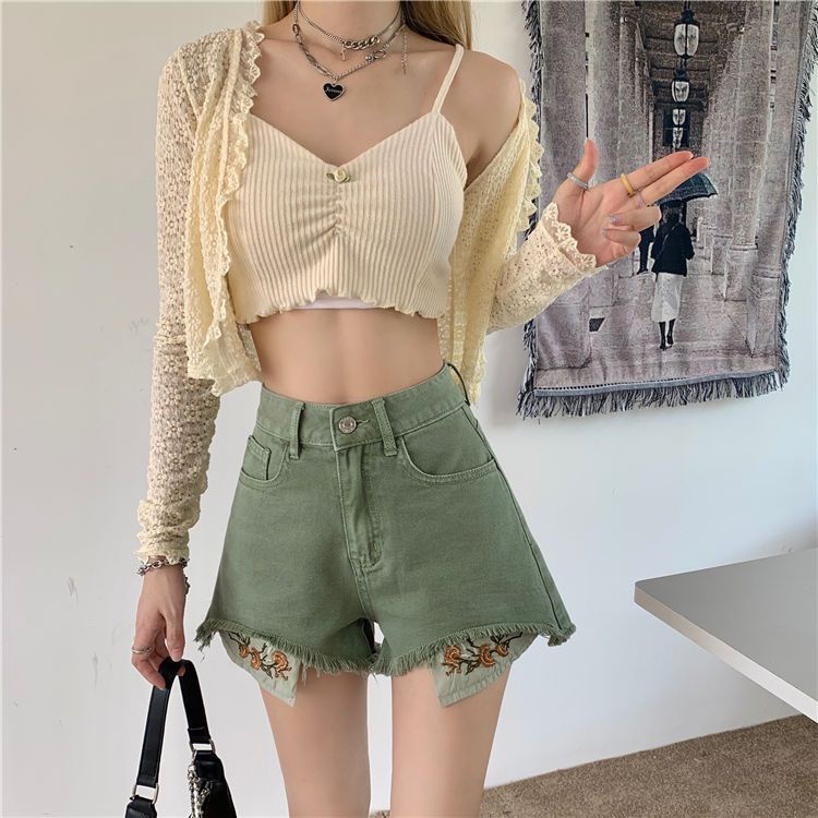 Quần Jean Đùi Ống Rộng Thêu Họa Tiết Thời Trang Mùa Hè 2022 Phong Cách Retro Mới Cho Nữ