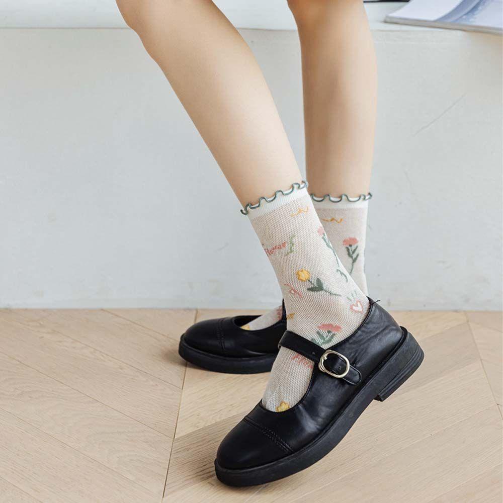 Vớ Lụa Thủy Tinh Trong Suốt Phối Ren Hoa Siêu Mỏng Thoáng Khí Phong Cách Harajuku