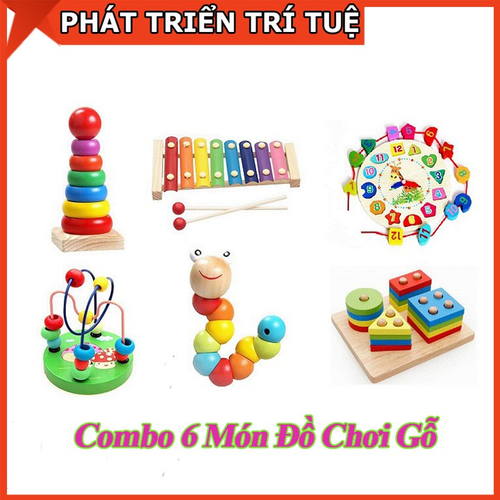 Combo Đồ Chơi Gỗ 6 Món: Luồn Hạt, Đàn Gỗ, Sâu Gỗ, Cầu Vồng, Thả hình 4 trụ, Đồng Hồ Xâu Hạt Giúp Bé Phát Triển Tư Duy