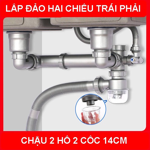 Bộ xiphong chậu rửa chén cao cấp 2 cốc 14cm lắp đảo hai chiều trái phải