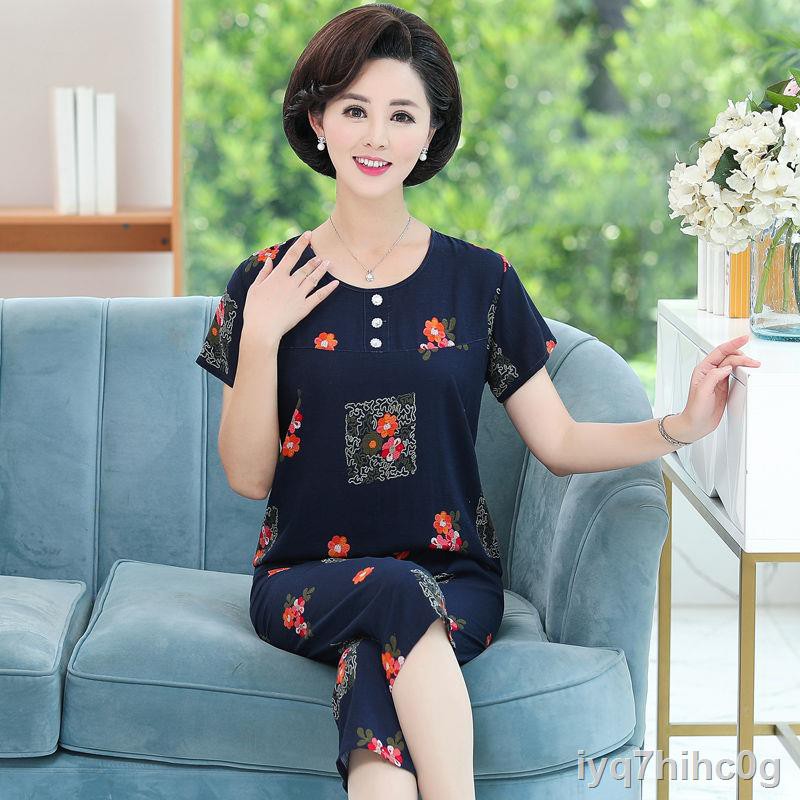 Đồ ngủ trung niên và Người già cotton lụa hai mảnh vải nhân tạo dành cho có thể được mặc bên ngoài quần áo nhà