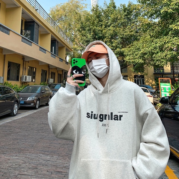 Áo hoodie tay dài có mũ trùm đầu dáng rộng phong cách Hàn Quốc cho nam