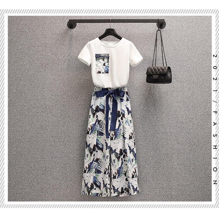 Set áo thun và quần dài lưng cao ống rộng thời trang xuân hè 2022 dành cho nữ