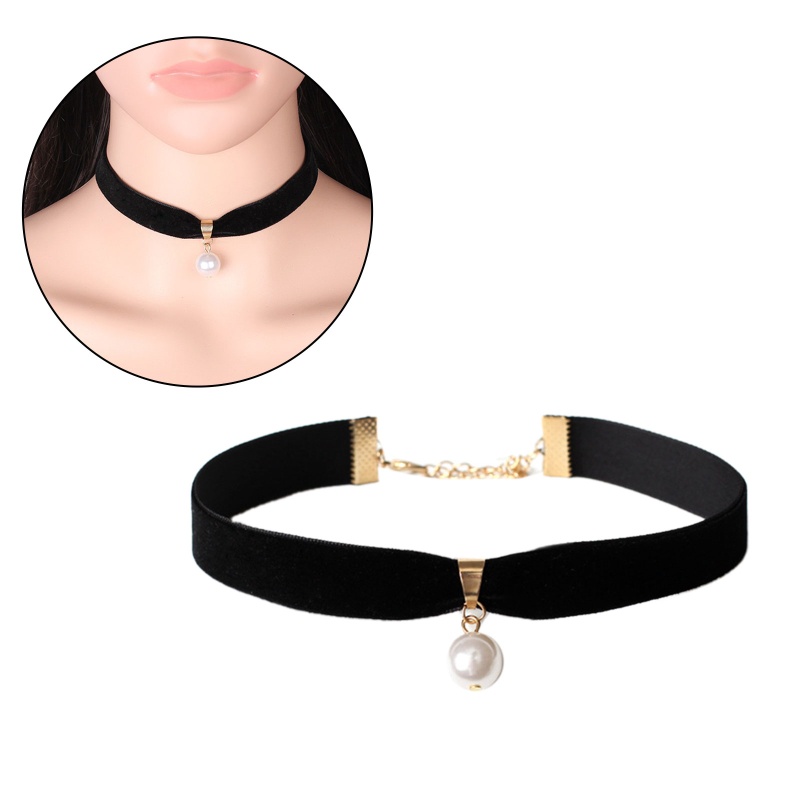 Vòng Cổ Choker Dây Nhung Đen Đính Hạt Ngọc Trai Dành Cho Nữ