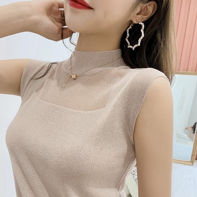 Áo Dệt Kim Không Tay Cổ Cao Thời Trang Xuân Hè Quyến Rũ Cho Nữ