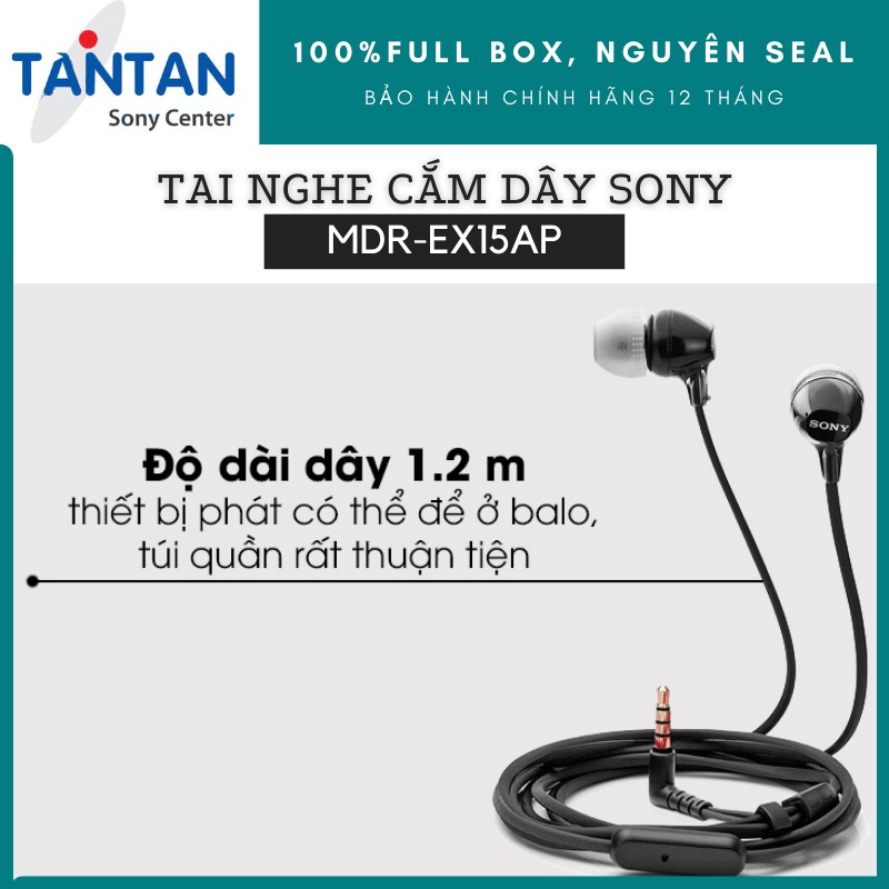 Tai nghe NHÉT TAI Sony MDR-EX15AP | FREESHIP | Dây 1.2m - Jack cắm stereo mạ vàng - Màng loa Neodymium 9mm - Micro