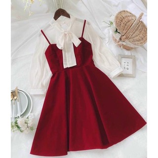 Set yếm đỏ 2s + áo voan lụa thắt nơ cổ