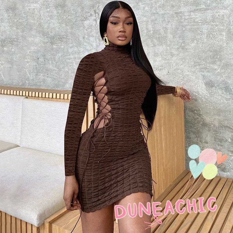 DUNEA Đầm Tay Phồng Dài Cổ Cao Thời Trang Đường Phố Cá Tính Cho Nữ