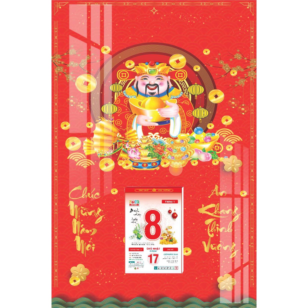 Lịch Gỗ Treo Tường Laminate Tráng Gương 2023 (40x60cm) - Thần Tài - Ông Di Lặc Cát Tường