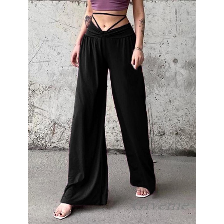Quần Dài Lưng Cao Ống Rộng Màu Sắc Đơn Giản Cho Nữ