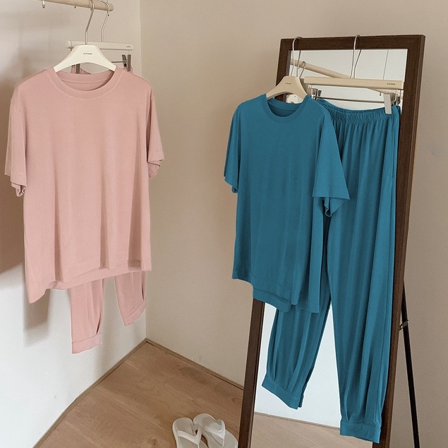 Bộ đồ nữ mặc nhà LENOGI bộ áo cộc quần bo 100% cotton mềm mại