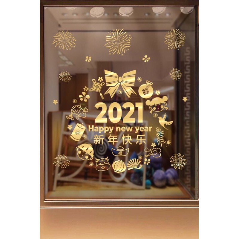 Decal rang trí Tết - Vòng 2021 Happy New Year Ánh Vàng đỏ cao cấp