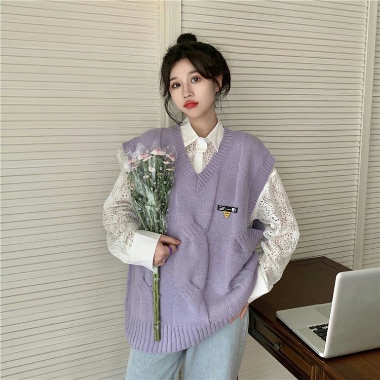 Áo không tay cổ chữ V/áo mi ren khoét rỗng phong cách Hàn Quốc