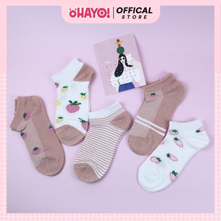 Set 5 đôi tất vớ nữ cổ ngắn ohayo thêu hoạ tiết hoa quả dễ thương, chất cotton thoáng mát
