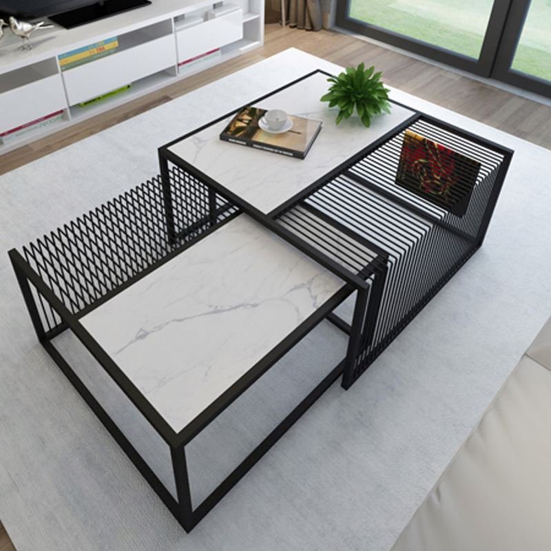 Bàn trà đôi mẫu vuông độc đáo, mặt đá trắng vân mây khung sắt sơn tĩnh điện chắc chắn