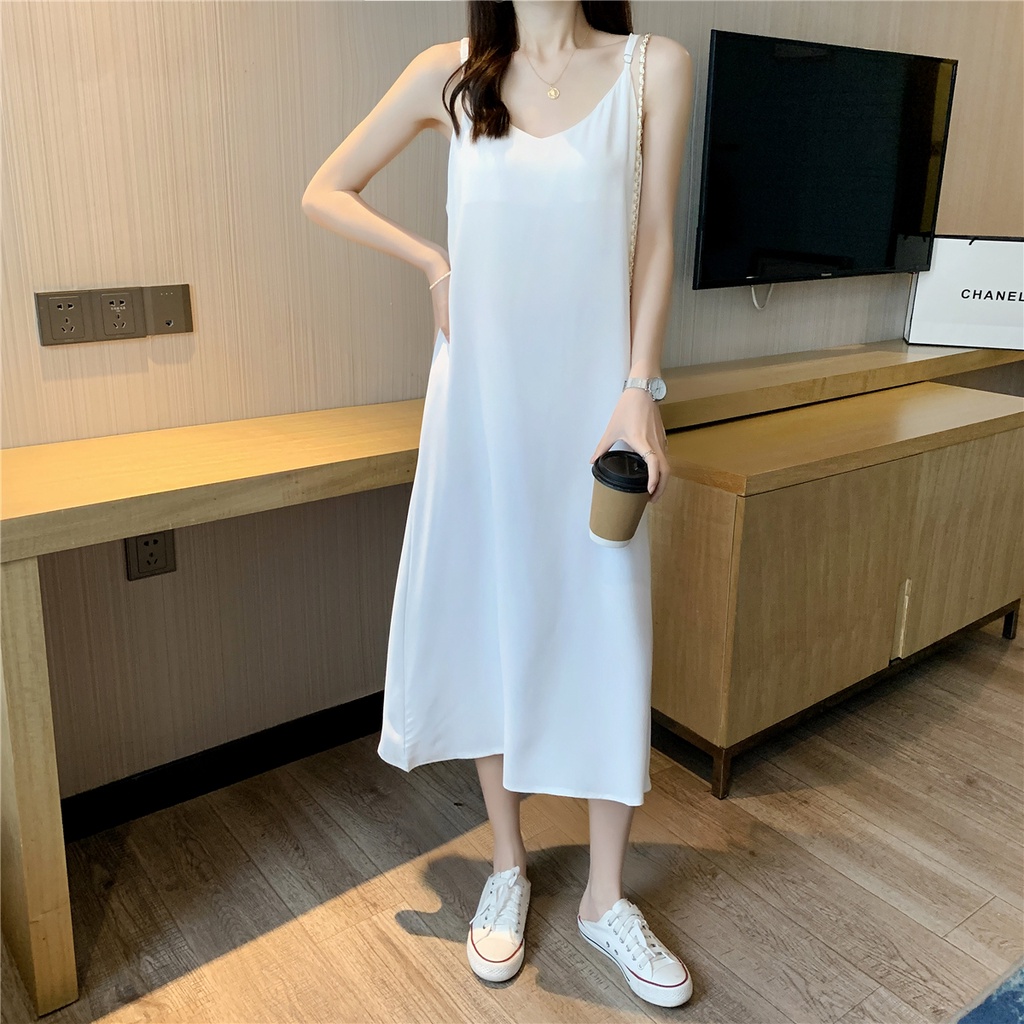 Xiaozhainv Đầm Midi Hai Dây Dáng Chữ A Lưng Cao Cổ Chữ V Chất Liệu Chiffon Phong Cách Hàn Quốc Cho Nữ